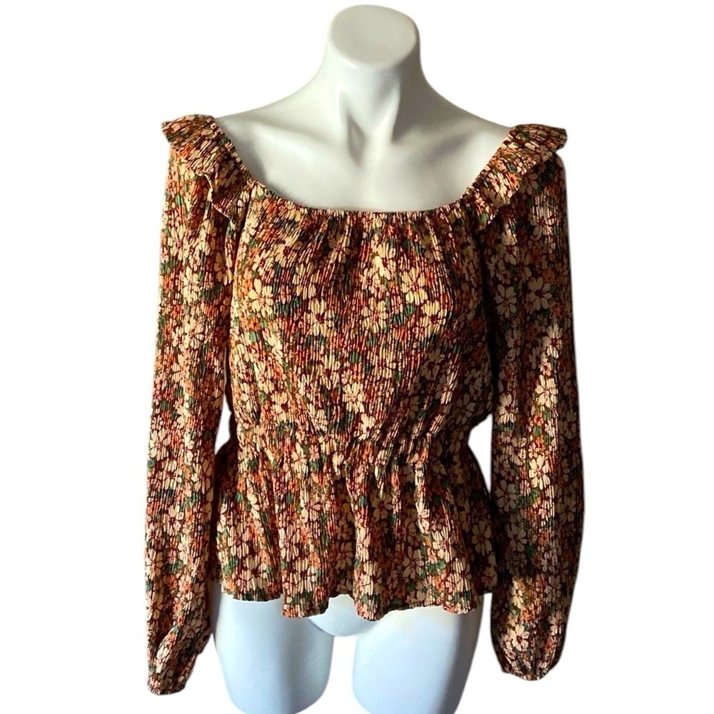 Hayden Los Angeles Brown & Yellow Floral Crepe Peasant Peplum Blouse Size Medium